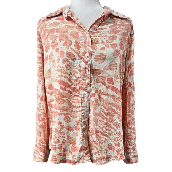 Chico's 100% Modal Coral Orange Pink Sandwashed Satin Animal Print Shirt - Picture 1 of 10